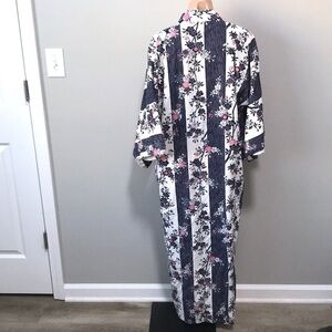 Stripe Floral House Robe Dress Kimono Navy White Pink Medium
